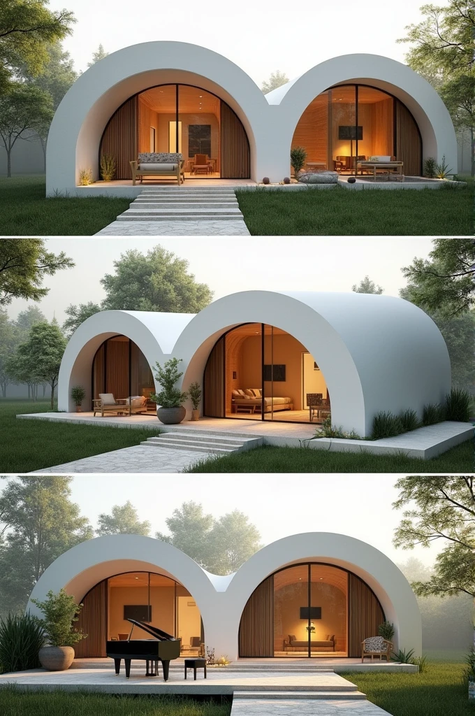 Create several images containing the facade and interior of a small house , It has to have minimalist arches on the outside, that is white on the outside and contains as material apparent concrete and maple wood and vegetation , It also has to be modern and for a couple it has a piano.