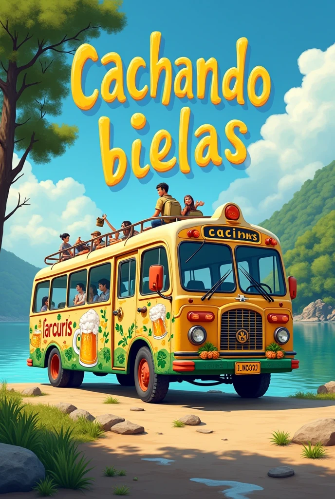 You can make an image where a tourist bus appears painted with a beer theme and a lake that has the words cachando bielas (catch cranks) can be a large bus
