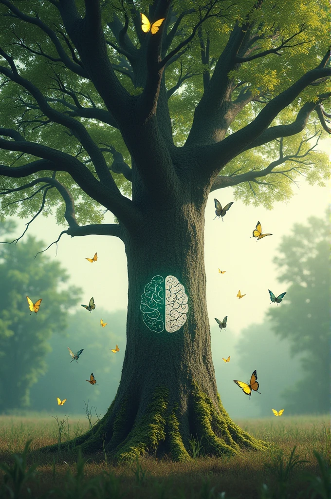 Tree with a psychology logo trunk and butterflies