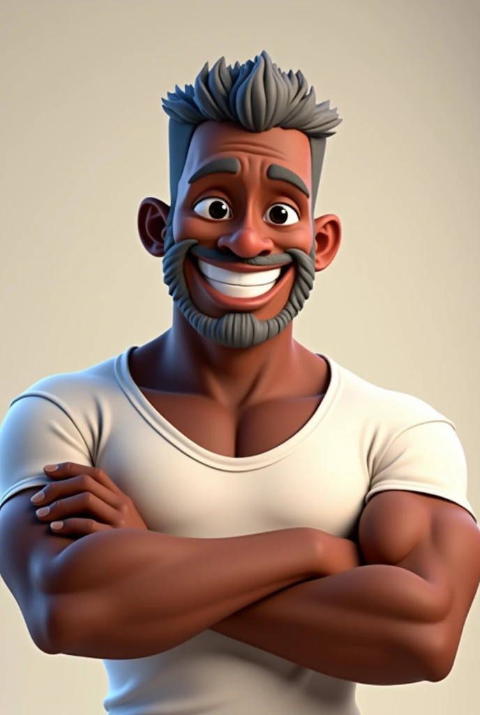 Create a Disney Pixar-style character, black male, gray military hair, short white beard, eyes black, white undershirt, crossed arms, Grinning