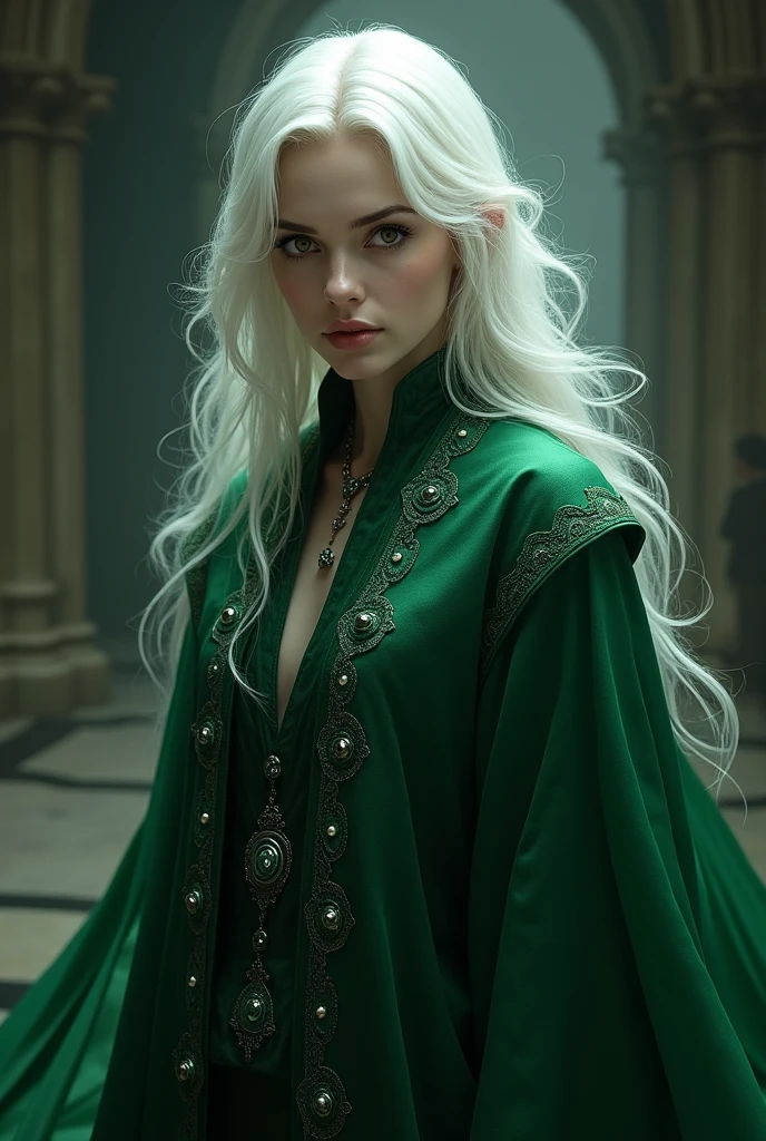 a woman, with white hair, Slytherin clothes, brown eyes, albino skin