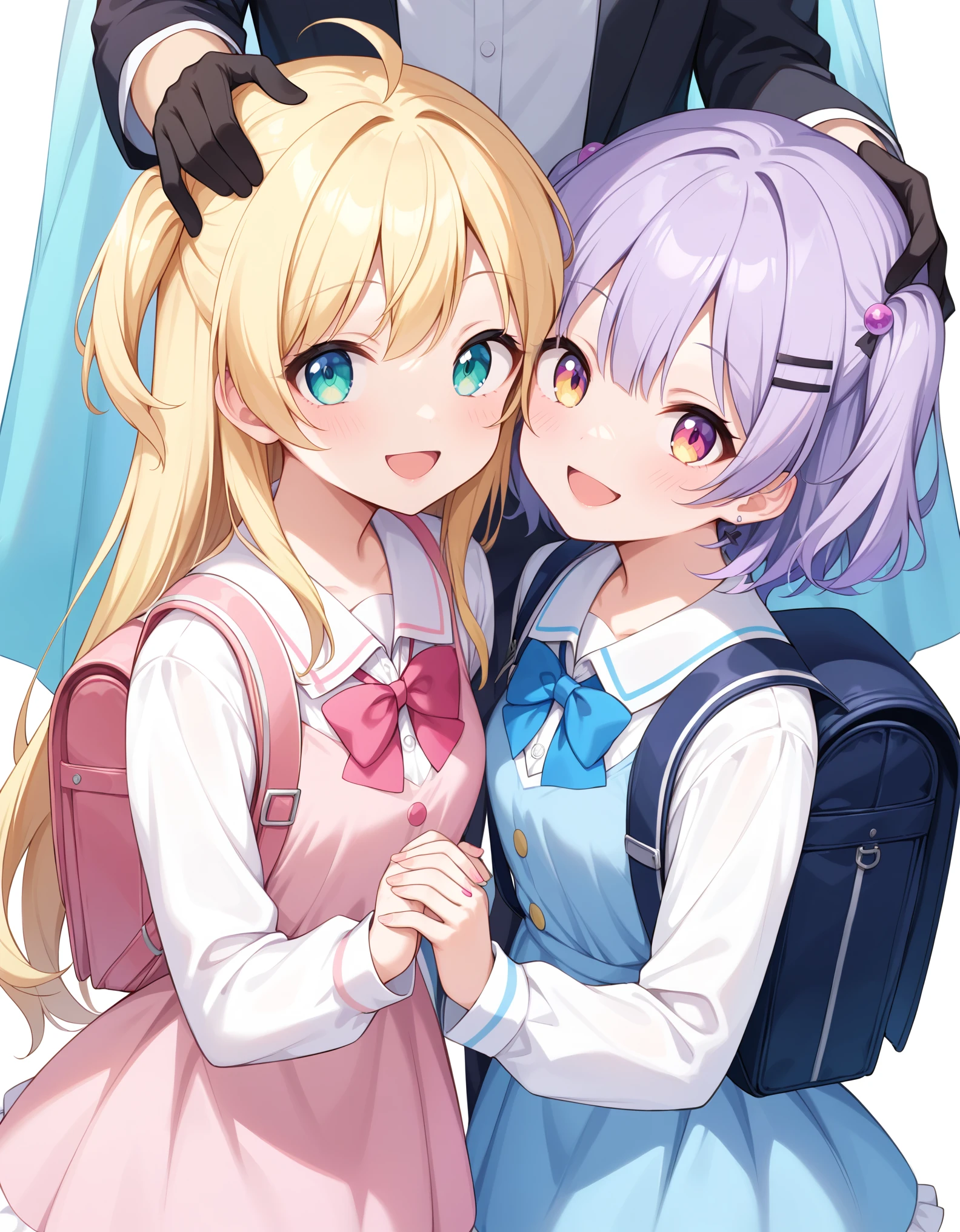 masutepiece, (2girls), Idol, different eyes color , Kawaii Tech, kawaii, Cute, Pastel colors, Best Quality, Happy, Deep background, Symmetrical, Head Tilted, smile, happy, wearing cute dress, wearing dress costume、close、cfriend、Hands are held next to the head、different height body, wearing school backpack