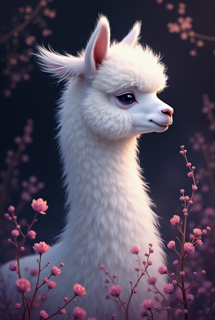 Create the cover of a poetry book, It must have the title which is ´´ MY BEAUTIFUL AND SWEET JENNYFER´´, It should also have a white alpaca and details in black and purple