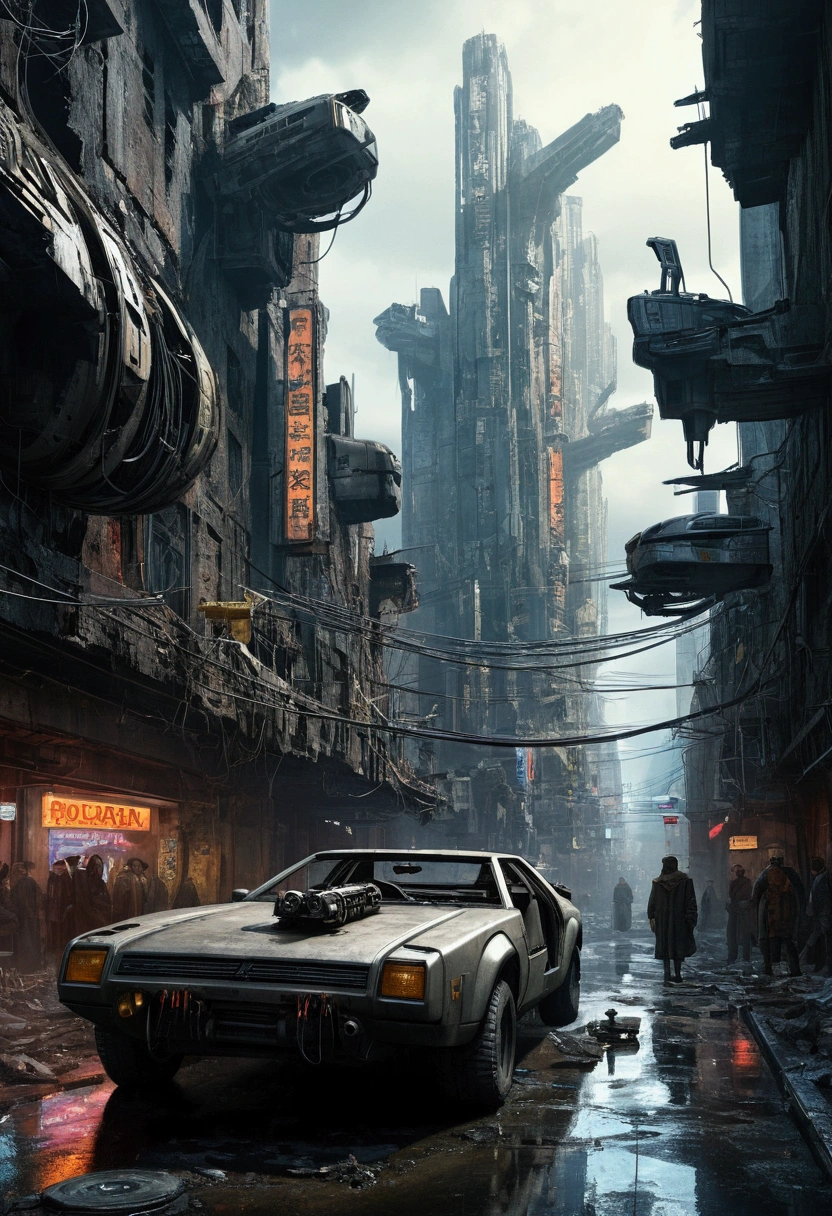 Maximum quality, futuristic city in ruins, outfit, surrealism, cyber punk, hyper realism, photo realism, Blade Runner, spinner vehicle, drones, exposed wiring, advertising, jolograms.