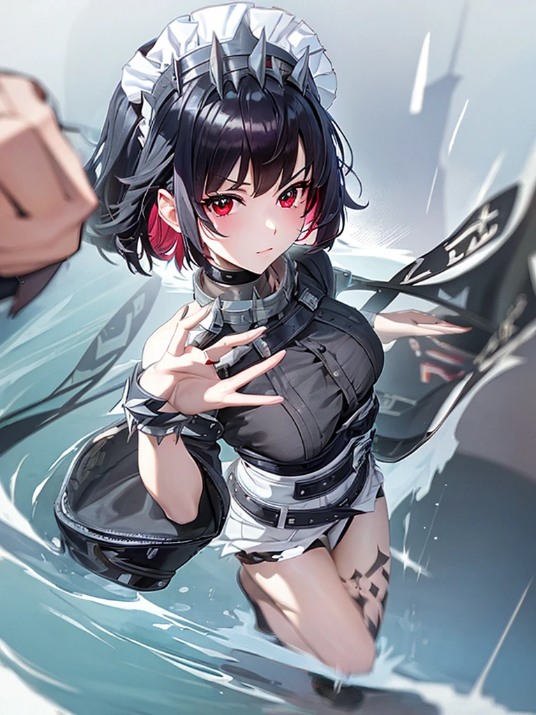 {1 Anime girl with striking short dark hair, with vibrant red highlights, styled with sharp, jagged edges and adorned with a spiked headband that adds a rebellious touch:0.9}, {She’s wearing a modern, edgy maid outfit in black and white, featuring sharp metallic accents, such as spikes on her wristbands and belt, and a form-fitting design that emphasizes her confident and assertive personality:0.8}, [The setting is an abstract, vibrant backdrop filled with neon-colored symbols, including electric waves, swirling patterns, and cute, ghostly creatures, which float around her, enhancing the supernatural and lively vibe of the scene:0.7], {The artwork is rendered in a dynamic, high-energy anime style, with a focus on her mischievous expression, highlighted by her red eyes and confident smirk, capturing a sense of playful yet dangerous charm:0.9}, {The color scheme is dominated by bold contrasts of black, white, and electric blues and pinks, creating a visually striking and intense atmosphere, perfect for conveying the character's mix of traditional and futuristic elements:0.8}