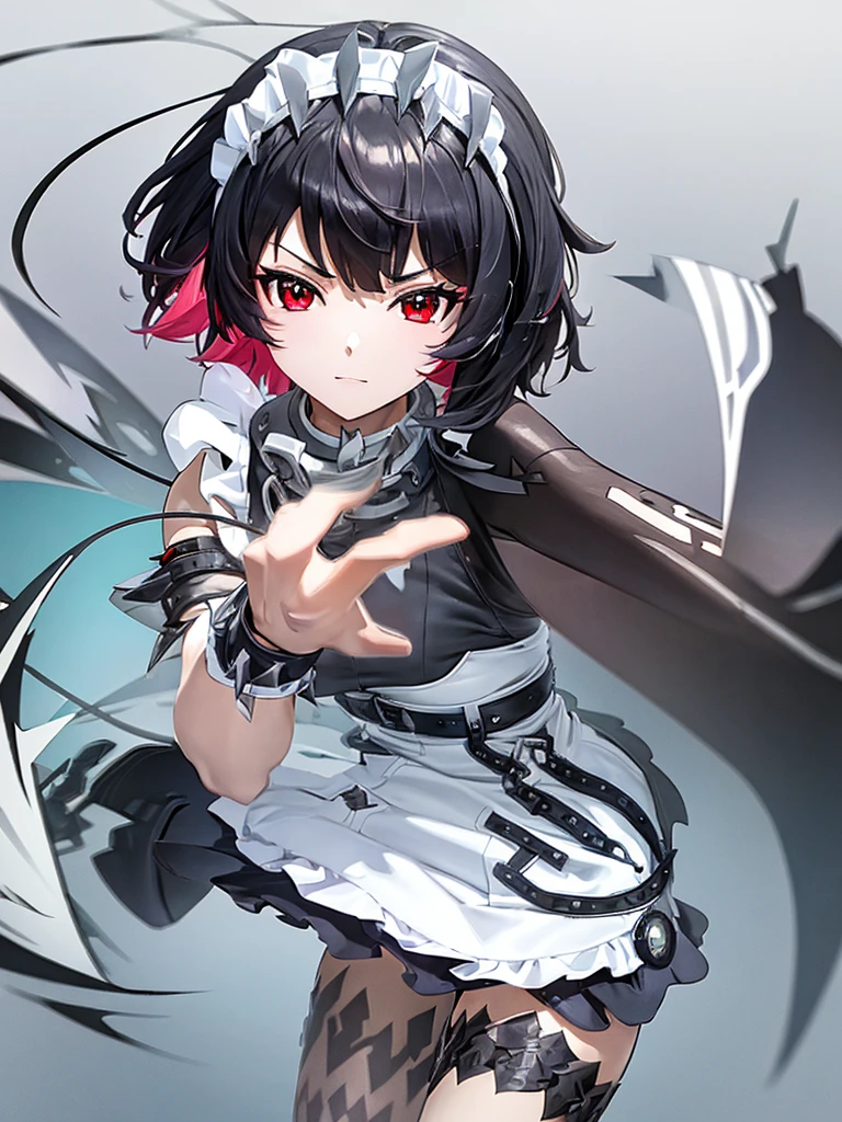 {1 Anime girl with striking short dark hair, with vibrant red highlights, styled with sharp, jagged edges and adorned with a spiked headband that adds a rebellious touch:0.9}, {She’s wearing a modern, edgy maid outfit in black and white, featuring sharp metallic accents, such as spikes on her wristbands and belt, and a form-fitting design that emphasizes her confident and assertive personality:0.8}, [The setting is an abstract, vibrant backdrop filled with neon-colored symbols, including electric waves, swirling patterns, and cute, ghostly creatures, which float around her, enhancing the supernatural and lively vibe of the scene:0.7], {The artwork is rendered in a dynamic, high-energy anime style, with a focus on her mischievous expression, highlighted by her red eyes and confident smirk, capturing a sense of playful yet dangerous charm:0.9}, {The color scheme is dominated by bold contrasts of black, white, and electric blues and pinks, creating a visually striking and intense atmosphere, perfect for conveying the character's mix of traditional and futuristic elements:0.8}