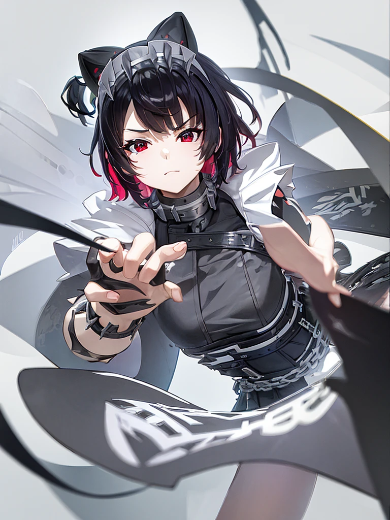 {1 Anime girl with striking short dark hair, with vibrant red highlights, styled with sharp, jagged edges and adorned with a spiked headband that adds a rebellious touch:0.9}, {She’s wearing a modern, edgy maid outfit in black and white, featuring sharp metallic accents, such as spikes on her wristbands and belt, and a form-fitting design that emphasizes her confident and assertive personality:0.8}, [The setting is an abstract, vibrant backdrop filled with neon-colored symbols, including electric waves, swirling patterns, and cute, ghostly creatures, which float around her, enhancing the supernatural and lively vibe of the scene:0.7], {The artwork is rendered in a dynamic, high-energy anime style, with a focus on her mischievous expression, highlighted by her red eyes and confident smirk, capturing a sense of playful yet dangerous charm:0.9}, {The color scheme is dominated by bold contrasts of black, white, and electric blues and pinks, creating a visually striking and intense atmosphere, perfect for conveying the character's mix of traditional and futuristic elements:0.8}