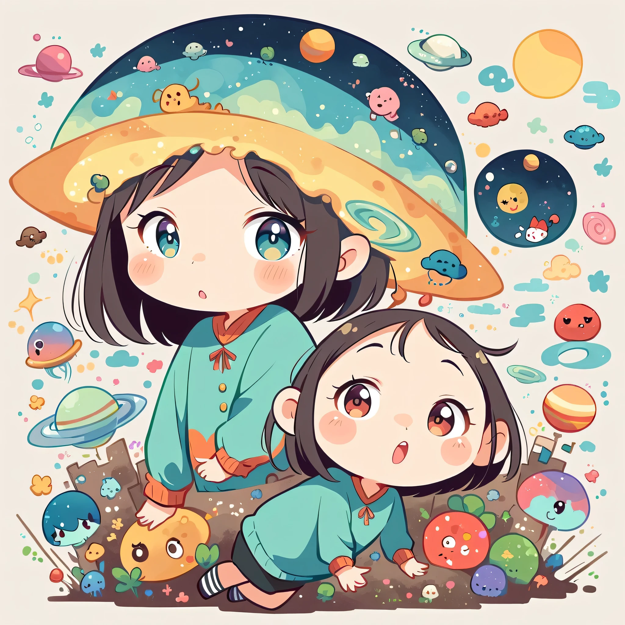 Hayao Miyazaki style, Kawaii Design, most beautiful girl ever、chibi, (((earthquake))), Lots of cute aliens, Saturn in the background