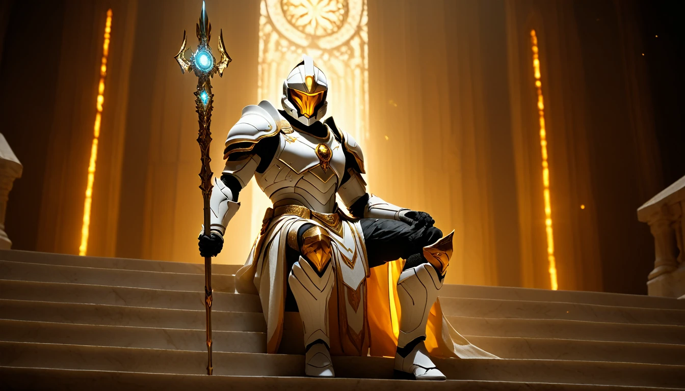 Masterpieces, male, Holy white Knight, (white armor) Action style shot, sitting on marble stairs roman style temple pillars. (no undercloth), holding a spear in one hand, Glowing amber colored Christian Cross on breastplate, (Battle Priest in a warframe and halo style armor holding a spear with radiant amber light, emanating potent gold light magic.), (amber half cape), (action shot: sitting down on marble stairs), (white, amber and gold color scheme), (5 amber gems on belt), (holy light magic effects), white and amber tabard, centered, full body shot fighting, sci-fi knight, Halo master chief, vibrant colors, visible figure joints, cinematic shot, volumetric lighting, intricate pattern detail, highly detailed