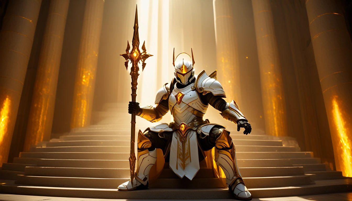 Masterpieces, male, Holy white Knight, (white armor) Action style shot, sitting on marble stairs roman style temple pillars. (no undercloth), holding a spear in one hand, Glowing amber colored Christian Cross on breastplate, (Battle Priest in a warframe and halo style armor holding a spear with radiant amber light, emanating potent gold light magic.), (amber half cape), (action shot: sitting down on marble stairs), (white, amber and gold color scheme), (5 amber gems on belt), (holy light magic effects), white and amber tabard, centered, full body shot fighting, sci-fi knight, Halo master chief, vibrant colors, visible figure joints, cinematic shot, volumetric lighting, intricate pattern detail, highly detailed