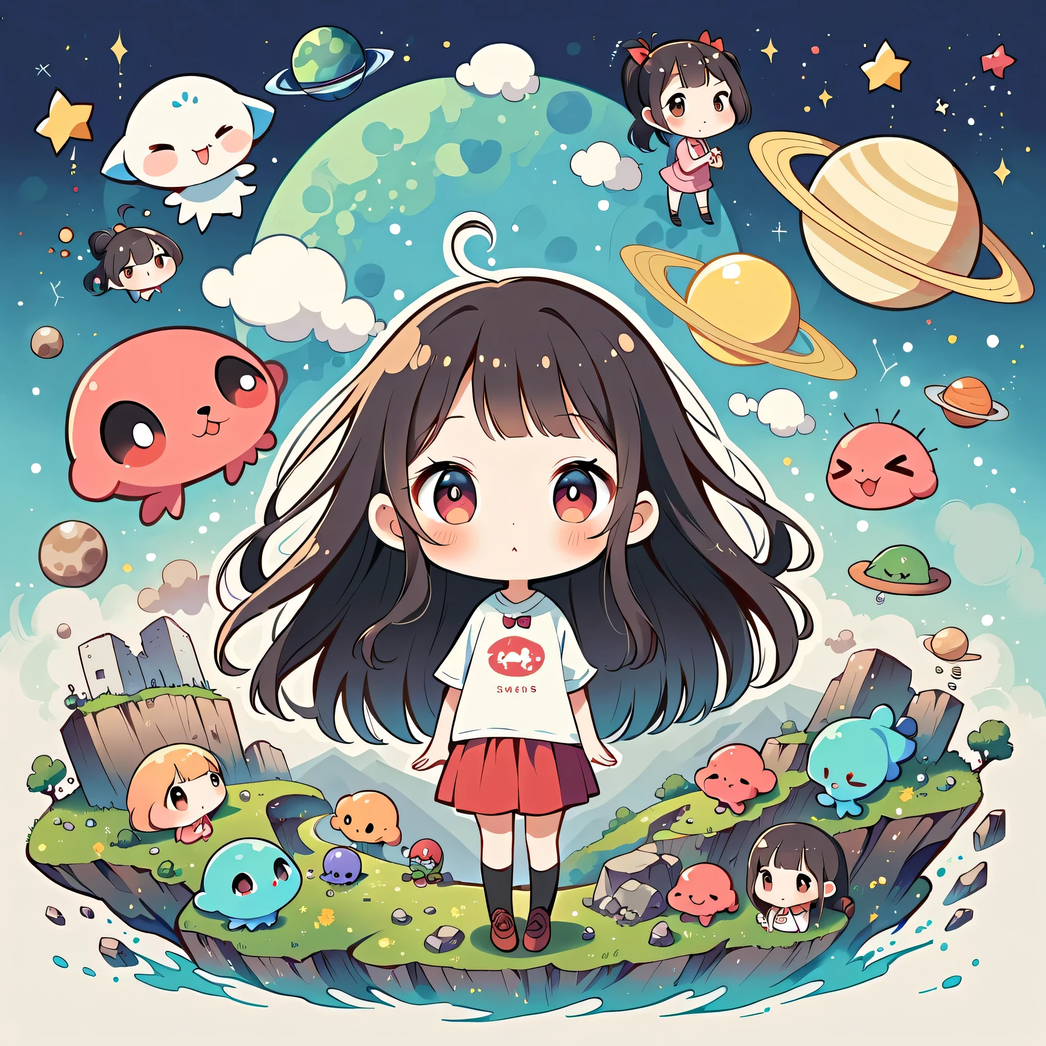 Hayao Miyazaki style, Kawaii Design, most beautiful girl ever、chibi, (((earthquake))), Lots of cute aliens, Saturn in the background