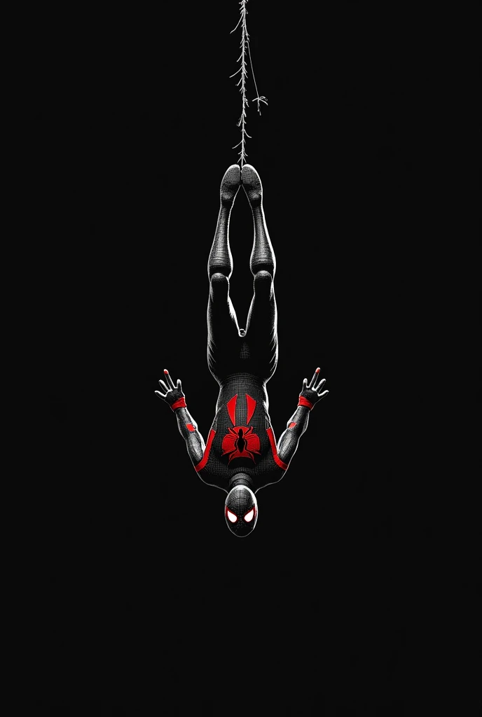 Spiderman falling from the sky black and white but with two hands but free fall and looking at me so that it can be seen that he comes from the sky and throwing spider web but with feet towards the sky the suit looks black and white as to paint the feet more towards the sky and the red to be white, remove the black and put only black borders