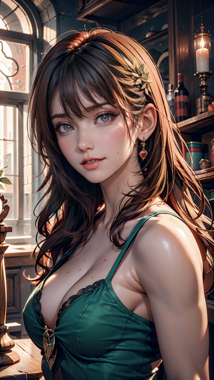 Beautiful age Girl Portrait, Small breasts, Complicated Dress, A kind smile, Red lips, Redhead, Green Eyes, realism, Digital Painting, Concept Art, Smooth, Sharp focus, Three-part method, Style Psycho