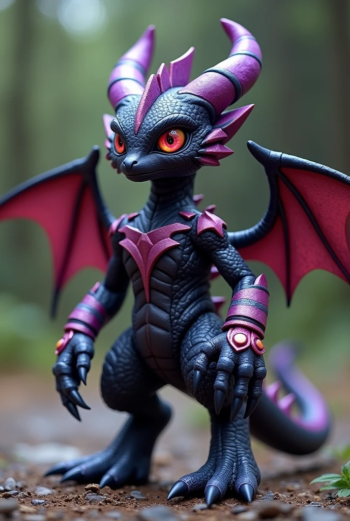 Young bakugan with the appearance of a dragon with the black skin characteristic of the darkus bakugan,his light red eyes,four fingers on both hands with sharp claws and also four toes on the feet, four thin wings on the back, an armor with pink lines that is limited to the wristbands,shoulders and calf,three purple horns covering his head, One in front above the snout and two behind, a row of spikes on its back and the tip of its tail shaped like a sharp harpoon*