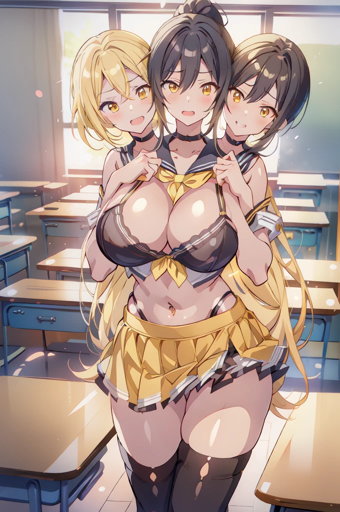 sakuyashirase, sakuya shirase, (3heads:1.5), (huge breasts:1.5) ,black hair, hair between eyes, long hair, (very detailed eyes:1.5) (yellow eyes:1.5), open belly, 
long hair, blush, lipstick, Hot girl, baddie, staring, glaring, bad attitude, mean girl, dare, angry, hate, crazy, smoking, sensual, attractive, masterpiece, best quality, highly detailed, a anime girls in sailor uniforms with a gun posing for a picture,
evil smile, smile, open mouth,black_serafuku, ecchi anime style, anime girls , (nsfw) not safe for work,
ecchi style, ecchi, shipgirls, digital anime art!!, high school girls, holding a gun, hold a gun, anime style 4
k, micro skirt, exposed belly, exposed navel, exposed midriff, holding pistol,
exposed lower belly,school, classroom, large breast, navel piercing