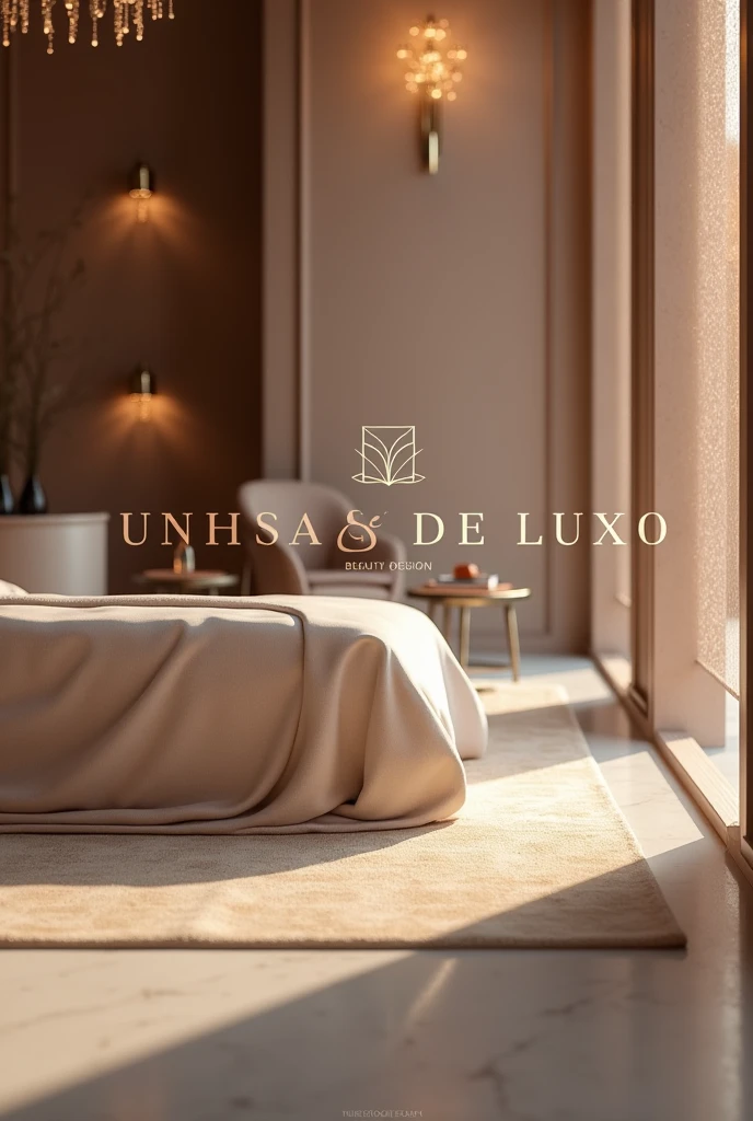 Create a logo with the name Unhas de Luxo,that is sophisticated and up-to-date having a themed background showing an image about the theme in a sophisticated and refined beauty salon Note it will be used to place on shirt prints