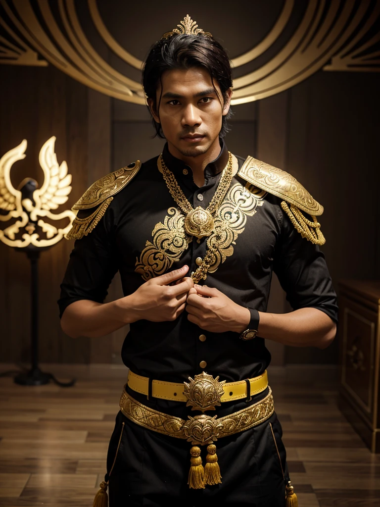 Details of the height of handsome Indonesian people. He wore black Javanese armor with gold and yellow decoration and a garuda head symbol in the middle of his chest and the words "bojes sambas". The headband is red and white. Black and gold belt. There are detailed carvings on all the clothes. He charged forward. Dark Burning Warzone atmosphere, UHDR smoke, Super Realist