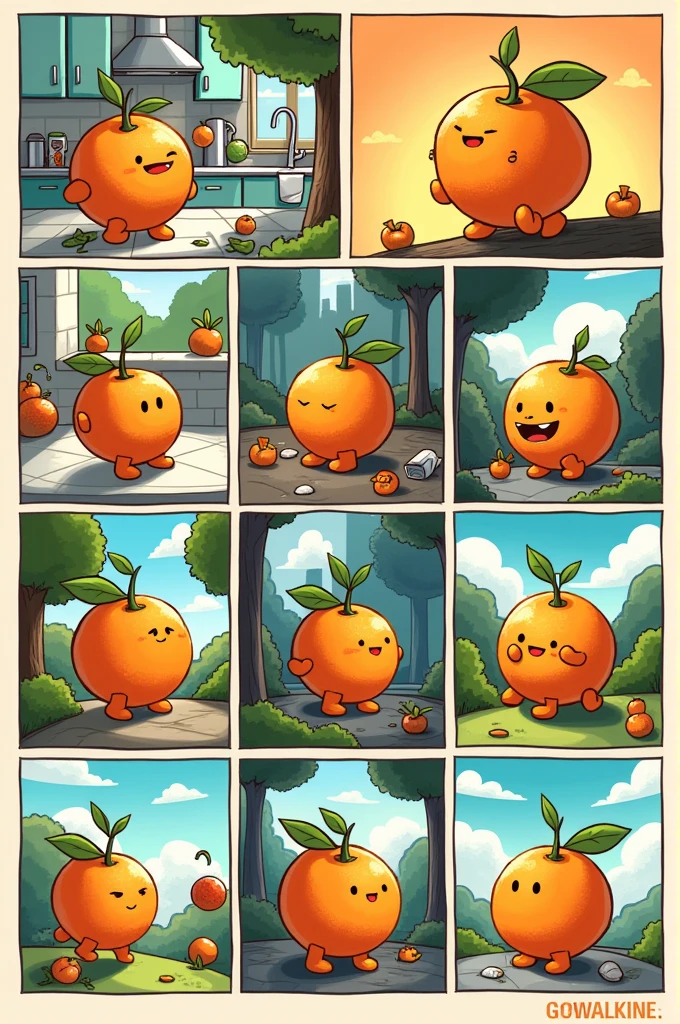 Draw a tangerine in a 10-panel comic with 10 frames