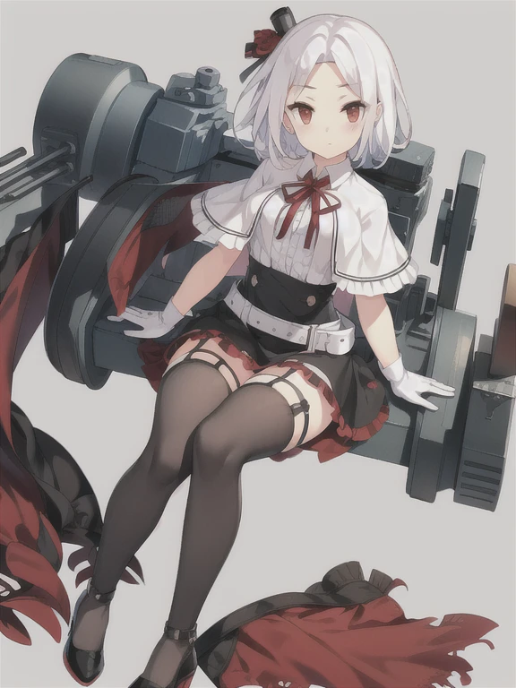 Vittorio_Veneto \(warship girls r\),((masterpiece)),(((best quality))),((ultra-detailed)),((illustration)),((disheveled hair)),((frills)),(1 girl),(solo),1girl,bangs,belt,black footwear,black gloves,black legwear,blush,breasts,cannon,capelet,gloves,gradient,looking at viewer,machinery,miniskirt,multicolored clothes,red eyes,rigging,shirt,shoes,sitting,skirt,solo,thighhighs,turret,very short hair,white hair,