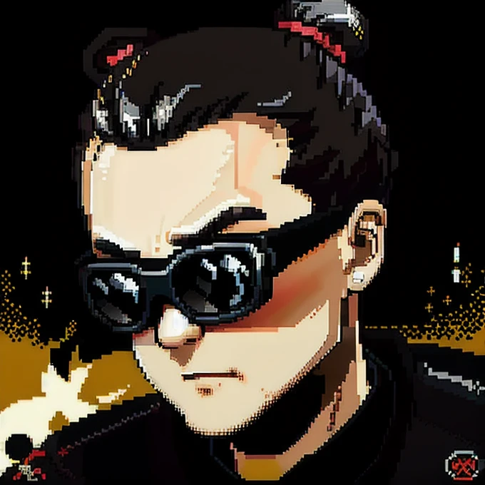 front logo man with samurai bun style glasses in pixel black color black outfit