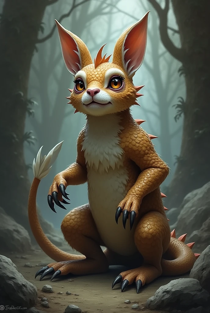 Mix of a rabbit, with a dragon and a monkey in a 2D creature that looks like it came out of an epic adventure tale, a little dark and serious