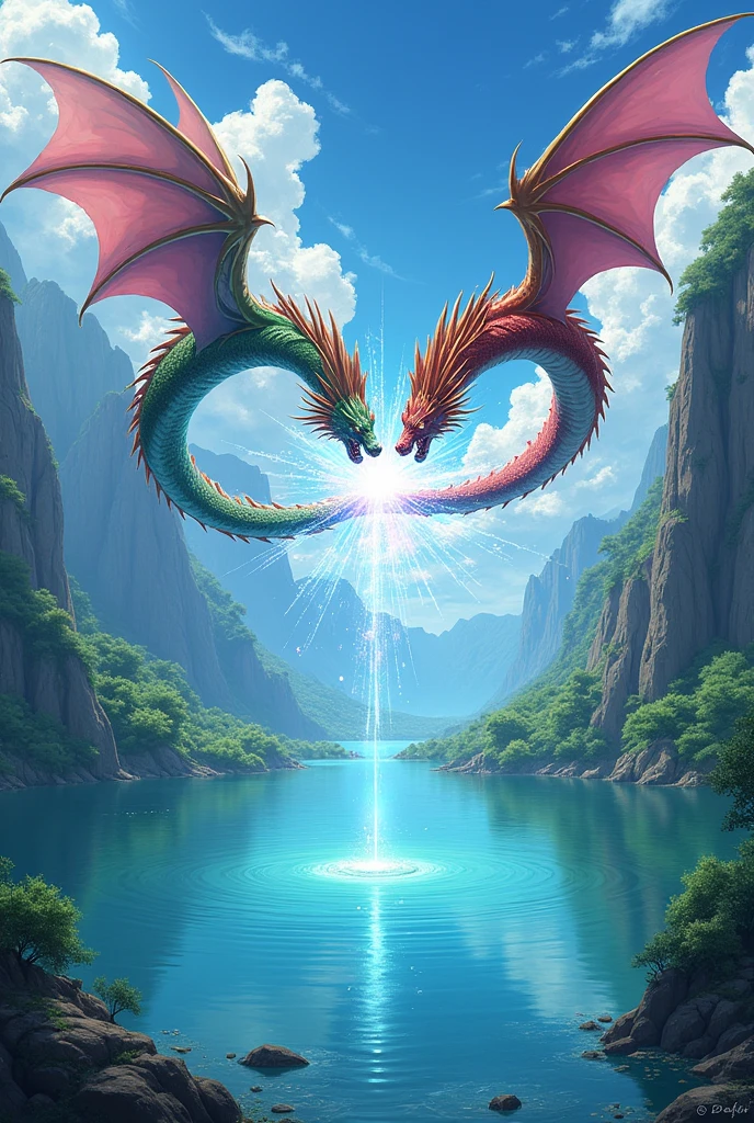 Duel Masters style、Background: Beautiful lake, sacred dragon