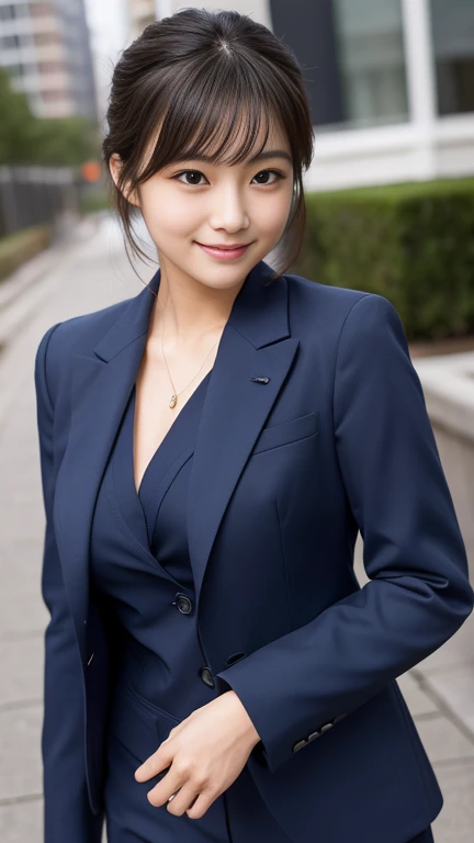 Highest quality, masterpiece, Ultra-high resolution, (Realistic:1.4), Raw photo, One person, , The most famous Japanese idols, Wearing a navy blue business suit, Upturned buttocks, Very cute face like the most popular Japanese idol, Very beautiful big black eyes, Very beautiful beautiful hair, Very beautiful skin, Very beautiful thighs, View your viewers, An innocent smile, Dynamic Pose, Detailed navy blue business suit