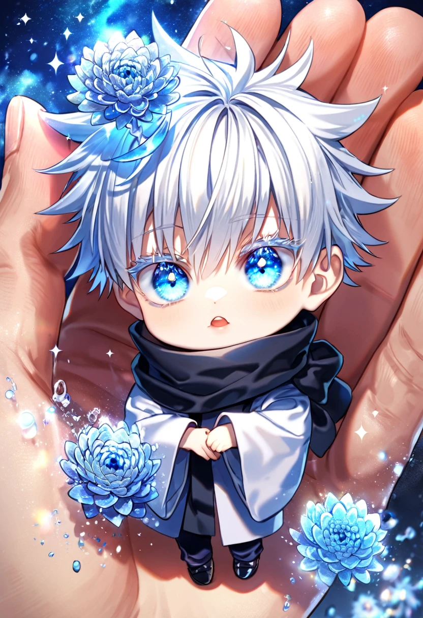 absurdres, highres, ultra detailed, HDR, master piece, best quality, extremely detailed, Gojou Satoru chibi, white hair, expressive blue eyes, white eyelashes, Jujutsu Kaisen, solo, cute, black scarf, white haori, black T-shirt, fantasy, water, sparkling, blue glittering fireflies, blue moon, blue blossoms, blue chrysanthemums, blue sparkling lights, starry sky