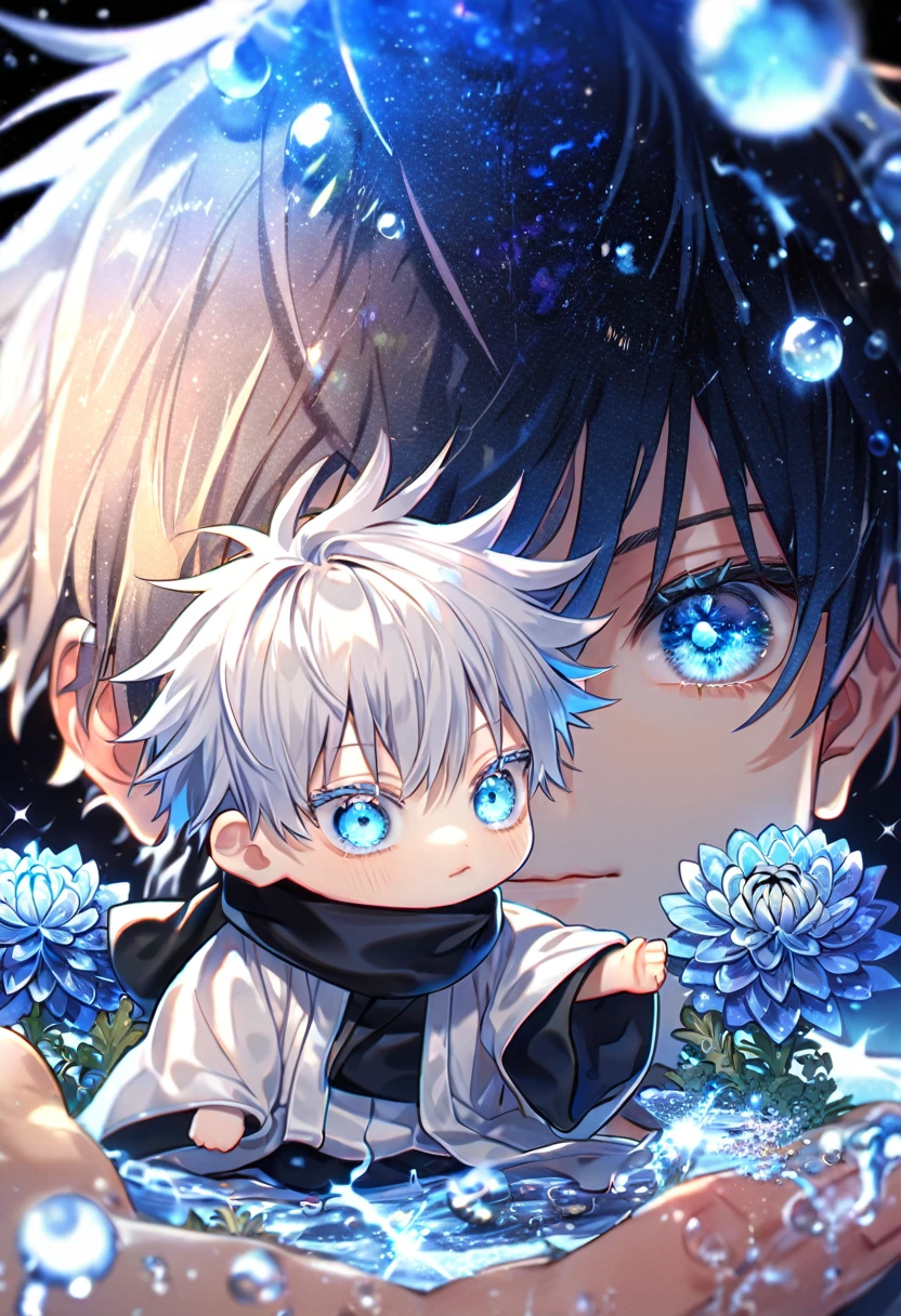absurdres, highres, ultra detailed, HDR, master piece, best quality, extremely detailed, Gojou Satoru chibi, white hair, expressive blue eyes, white eyelashes, Jujutsu Kaisen, solo, cute, black scarf, white haori, black T-shirt, fantasy, water, sparkling, blue glittering fireflies, blue moon, blue blossoms, blue chrysanthemums, blue sparkling lights, starry sky
