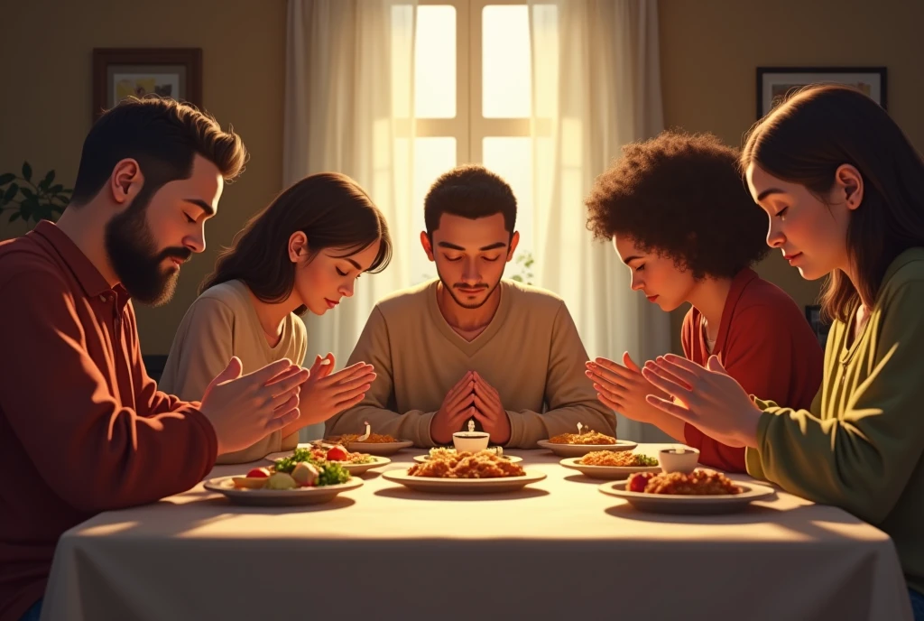 A family gathered around a dining table, holding hands in prayer, with expressions of faith and unity, representing the strength found in family and communal prayer through Christ."