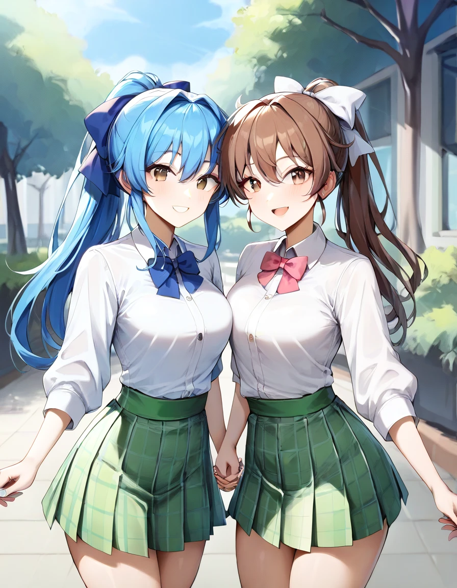 Masterpiece, hd, 2girl,2 girl standing each other, holding hands, cute girl, (brown hair, brown eyes, 18 y.o, smile, ponytail, blue hair ribbon, wearing white collared shirt, shirt sleeves, wearing green plaid skirt, bowtie, standing, outdoor, park, smile), (blonde hair, smile, ponytail, highschool girl, pink hair ribbon, white collared shirt, shirt sleeves, bowtie,green plaid skirt, standing, outdoor, park, smile)