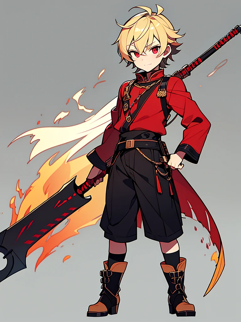 a young boy, childlike appearance, blond, with vibrant red eyes, he's low, a neutral expression, kinda lazy, wearing exotic clothes, having a gaucho style, kind of anime, being clothes a little bigger for his size, having big boots. He also has a large weapon of some sort that resembles a barbecue skewer., but you can be creative with this weapon, he also has firepower