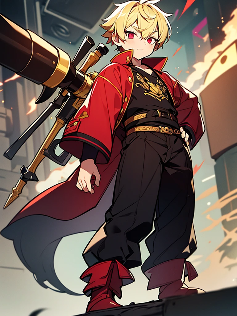 a young boy, childlike appearance, blond, with vibrant red eyes, he's low, a neutral expression, kinda lazy, wearing exotic clothes, having a gaucho style, kind of anime, being clothes a little bigger for his size, having big boots. He also has a large weapon of some sort that resembles a barbecue skewer., but you can be creative with this weapon, he also has firepower
