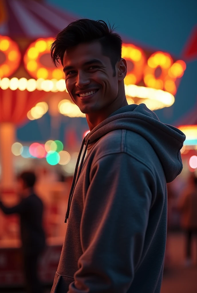 photorealistic, best quality, masterpiece, extremely detailed, sexy, homoerotic, extremely handsome, 25 year old filipino man, muscular bodybuilder, big smile, comfortable hoodie, looking back at camera, at funfair carnival, at midnight, ambient lighting, dramatic shadows, extremely romantic atmosphere, perfect face, perfect fingers, perfect hands, perfection
