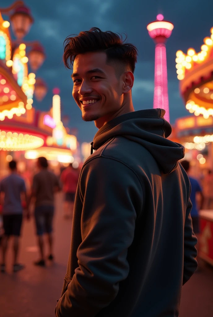 photorealistic, best quality, masterpiece, extremely detailed, sexy, homoerotic, extremely handsome, 25 year old filipino man, muscular bodybuilder, big smile, comfortable hoodie, looking back at camera, at funfair carnival, at midnight, ambient lighting, dramatic shadows, extremely romantic atmosphere, perfect face, perfect fingers, perfect hands, perfection