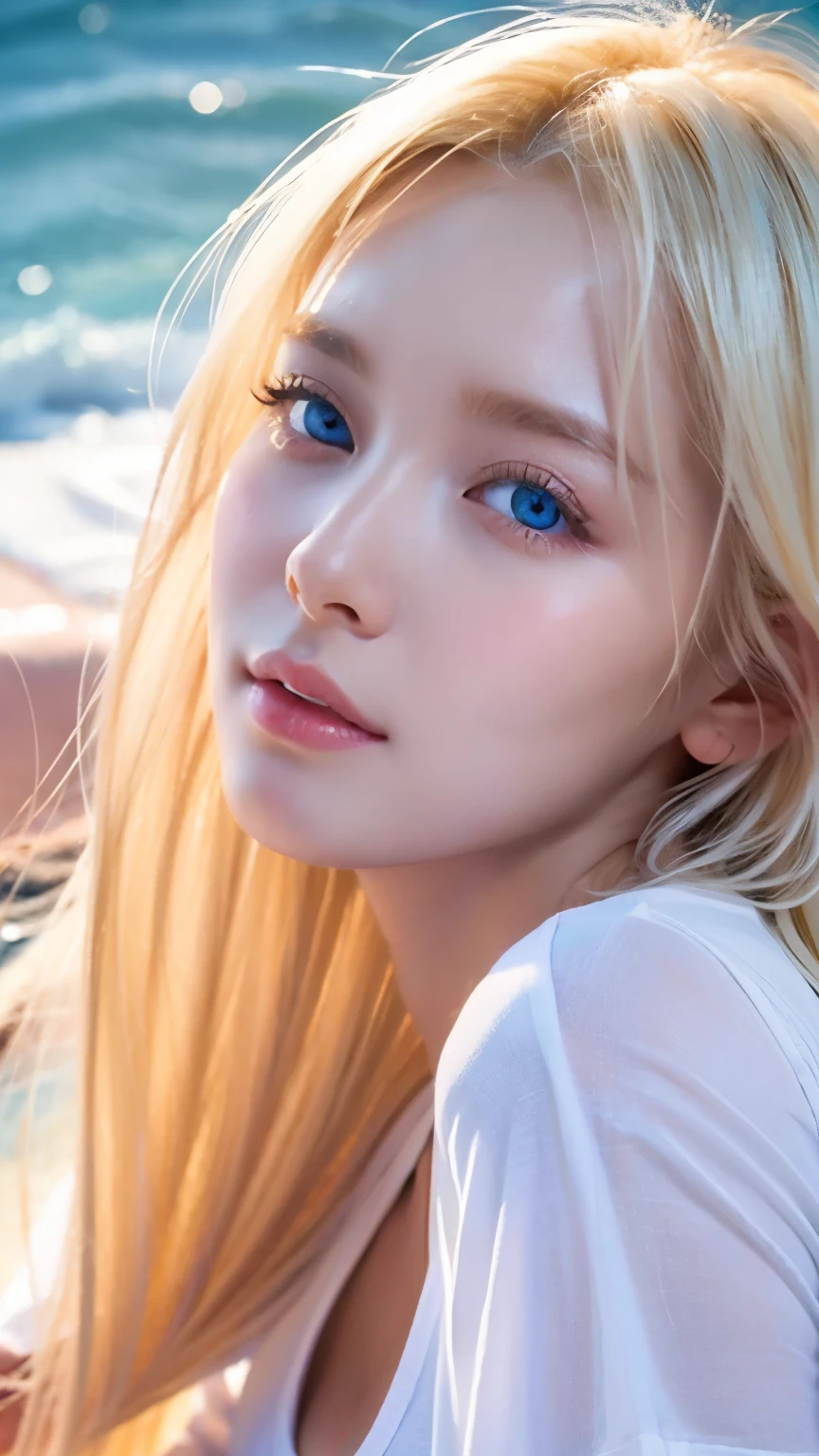 An innocent 20-year-old beautiful platinum blonde、Beautiful, shiny, super long, natural platinum blonde hair、Bangs between the eyes falling on the face、((Wearing an open white T-shirt,Dramatic Pose)),Sexy look,Super long straight blonde silky hair,dazzling blonde reflected light、Bed Background,Beach Background、RAW Photos, (8k、Highest quality、masterpiece:1.2)、(Intricate details:1.4)、(Realistic:1.4)、Octane Rendering、Intricate 3D rendering Super Detailed, Studio Soft Light, Rim Light, Sharp details, Super Detail, Realistic skin texture, Cheek gloss highlighter、Detailed aspect, Very beautiful big bright light blue eyes, Very big eyes、Highly detailed CG Unity 16k wallpaper, Perfect small face beauty、Round face、compensate, (Detailed Background:1.2), Glowing Skin, whole body、From head to thighs、Cleavage,((Sleeping on your back、Angle of view from above))