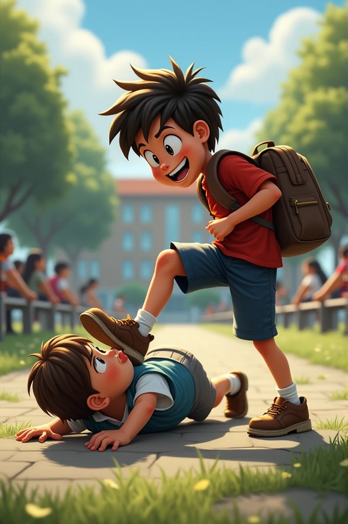 A child putting his foot on another child so that he falls to the ground in a schoolyard