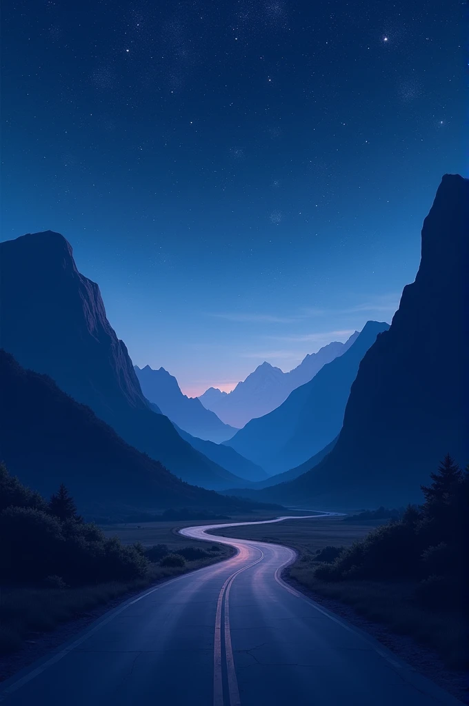 Create a nighttime landscape with a clear starry sky and mountains in the background. The scene features an empty road that leads straight into the horizon, with the mountains on either side. The overall mood should be peaceful and slightly mysterious, with deep blue and purple tones. Exclude the moon from the sky to keep the focus on the stars and the road ahead."