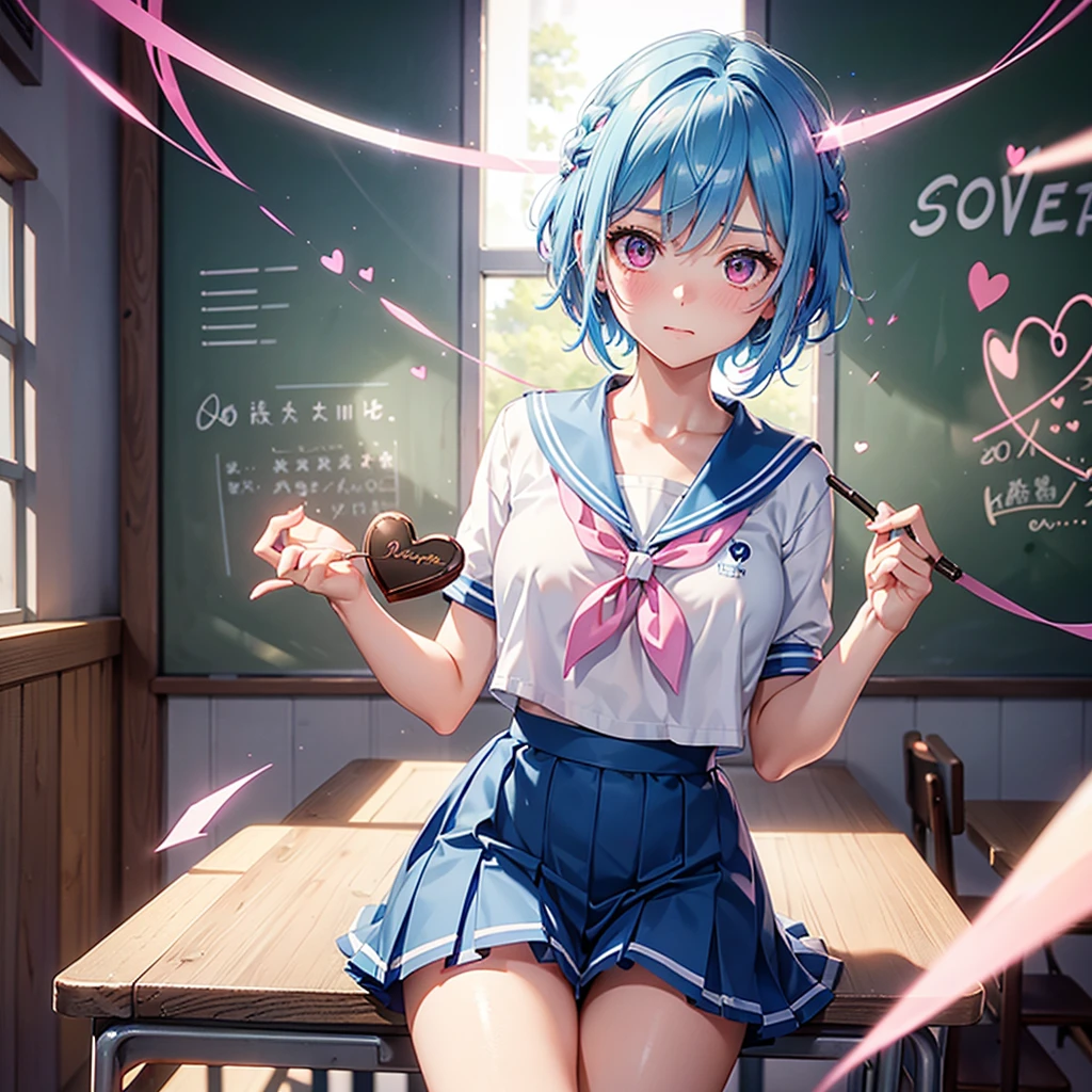 Sky blue hair,Braided short hair,Pink Eyes,Fair skin,whole body,one person,Embarrassed,The background is a school classroom,((Heart lettering on a blackboard)),Heart-shaped chocolate,Hand it forward with both hands,Sailor suit,valentineday,masterpiece, Highest quality, Very detailed, Best Shadow,Detailed Background,Beautifully detailed face,High Contrast,Best lighting,Very delicate and beautiful,Cinematic Light,Hyper Detail,8k,Dramatic Light, Intricate details,