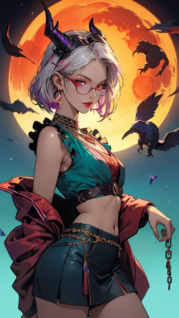 8k, masterpiece, best quality, highly detailed, 1 girl, tiefling, warlock, pixie cut, multicolored hair, very short straight hair red highlight hair on white hair, strippled hair, wearing glasses, round glasses, earrings, navel piercing, red eyeshadow, long eyelashes, blushed cheek, red lips, pearl necklace, rings, collarbone, mole on face, glamorous, teal and purple clothes, sleeveless, miniskirt, smirk, close up view, rings, looking at viewer, demon horns, solo, void, blood red moon, standing, chains on the background.