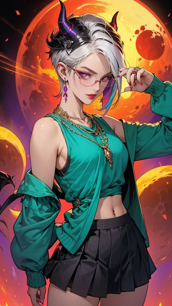 8k, masterpiece, best quality, highly detailed, 1 girl, tiefling, warlock, pixie cut, multicolored hair, very short straight hair red highlight hair on white hair, strippled hair, wearing glasses, round glasses, earrings, navel piercing, red eyeshadow, long eyelashes, blushed cheek, red lips, pearl necklace, rings, collarbone, mole on face, glamorous, teal and purple clothes, sleeveless, miniskirt, smirk, close up view, rings, looking at viewer, demon horns, solo, void, blood red moon, standing, chains on the background.