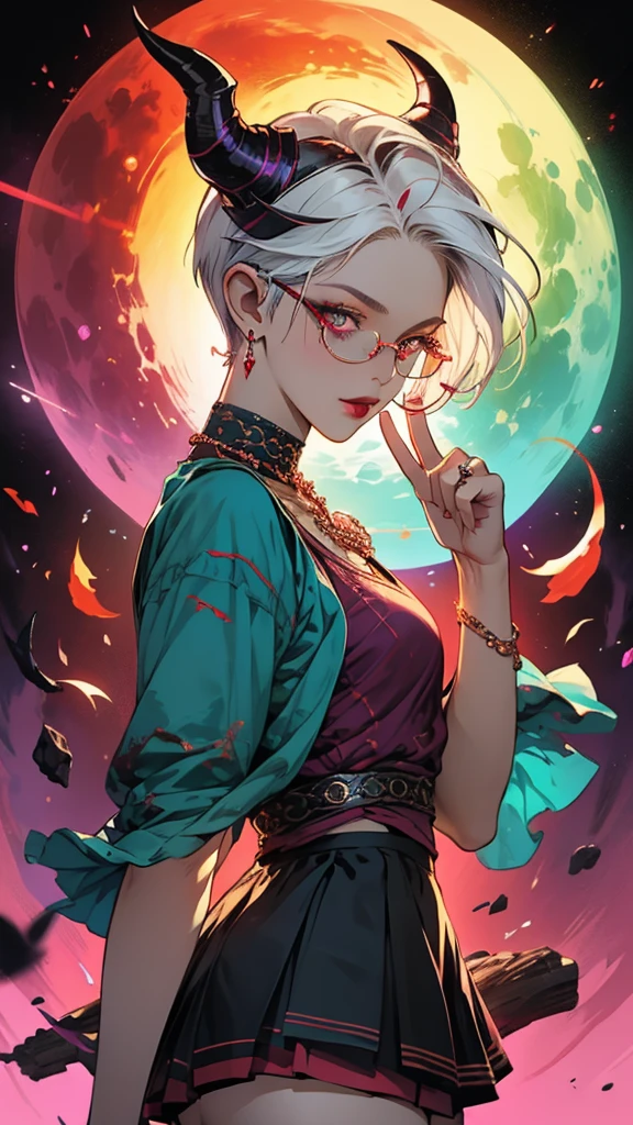 8k, masterpiece, best quality, highly detailed, 1 girl, tiefling, warlock, pixie cut, multicolored hair, very short straight hair red highlight hair on white hair, strippled hair, wearing glasses, round glasses, earrings, navel piercing, red eyeshadow, long eyelashes, blushed cheek, red lips, pearl necklace, rings, collarbone, mole on face, glamorous, teal and purple clothes, sleeveless, miniskirt, smirk, close up view, rings, looking at viewer, demon horns, solo, void, blood red moon, standing, chains on the background.