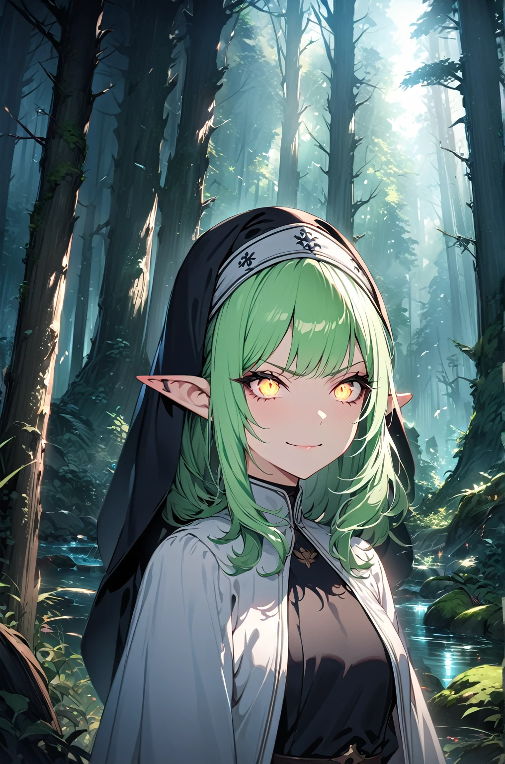 high quality, 4k, 8k, highres, HDR, UHD, masterpiece, ultra-detailed, a beautiful elf girl in a deep forest, extremely detailed face, light green hair,side ponytail,medium hair, furious expression, highly detailed, 8k, fantasy art, magical atmosphere, dark setting, demonic forest, glowing eyes, pointed ears, nun costume, fantasy landscape,tsundere,Long eyelashes, Black eyeliner, Light gold eyeshadow,smile,non,clergy clothes,