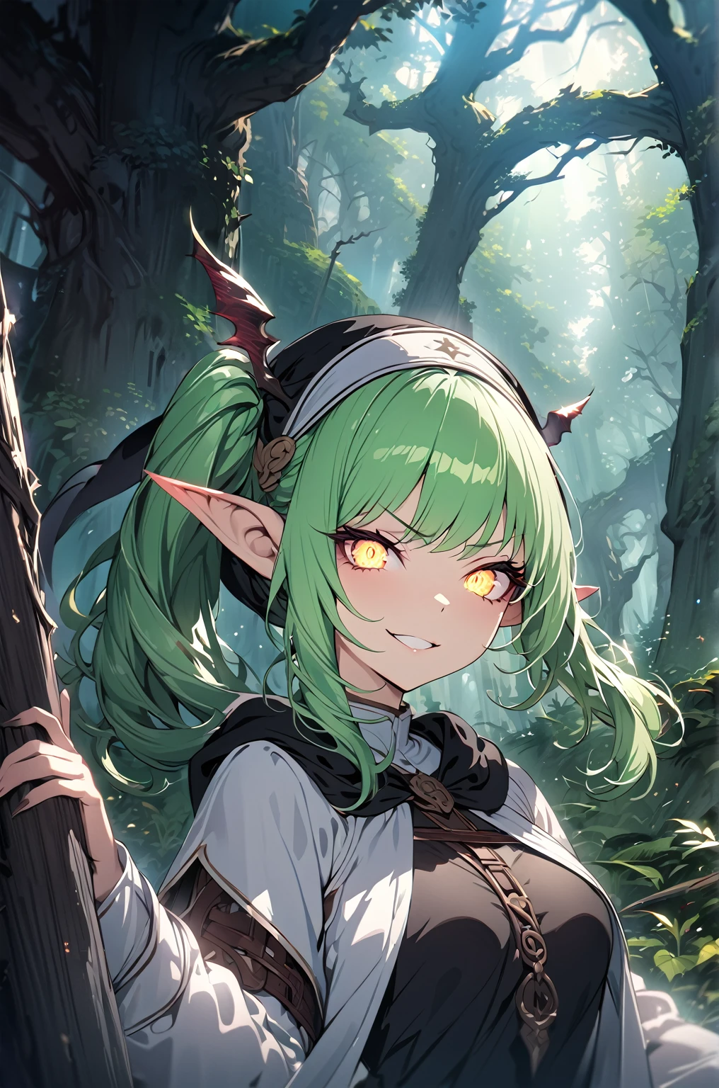 high quality, 4k, 8k, highres, HDR, UHD, masterpiece, ultra-detailed, a beautiful elf girl in a deep forest, extremely detailed face, light green hair,side ponytail,medium hair, furious expression, highly detailed, 8k, fantasy art, magical atmosphere, dark setting, demonic forest, glowing eyes, pointed ears, nun costume, fantasy landscape,tsundere,Long eyelashes, Black eyeliner, Light gold eyeshadow,smile,non,clergy clothes,