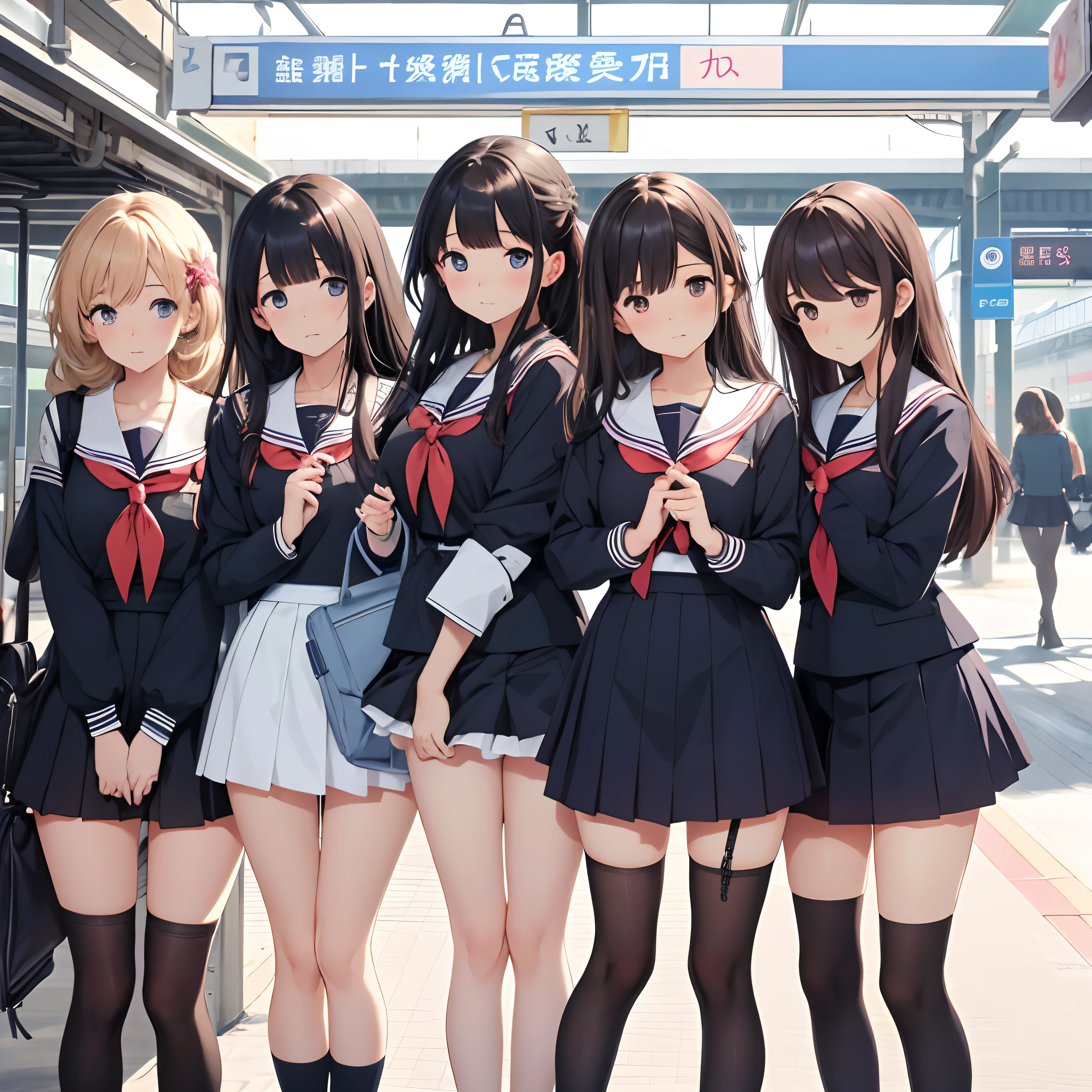 Five girls are lined up on the platform of a city station, Panty shot, Lace trim panties,
Knee, Seraphim, mini skirt, Teen, surprise!,
An absurd solution, Highest quality, Absurd details, Highly detailed background,