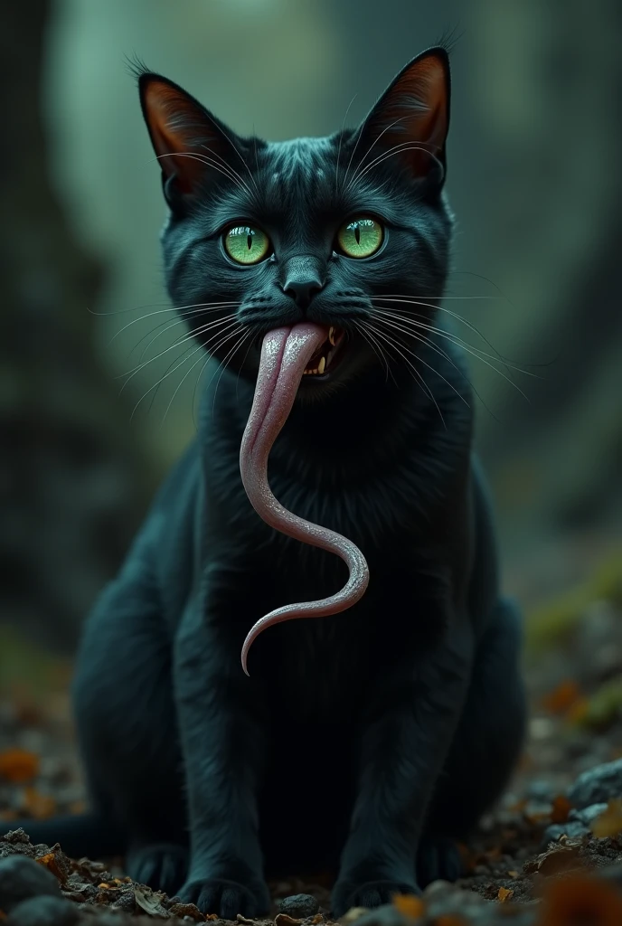 Black cat with a very very long tongue 