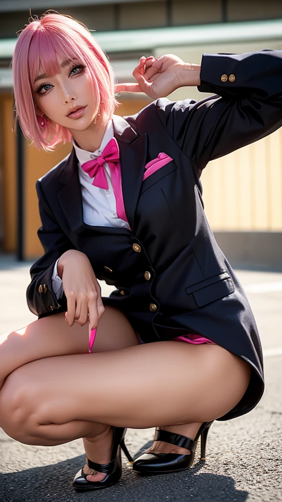 (Highest quality), Realistic, (live-action),(Short Hair,Sharp bangs)Showing off your crotch,Highest quality,Highest quality,8k images,Pink Hair,High heels,school uniform,(破れたschool uniform)Small face,((Big Breasts))Open legs and show panties,