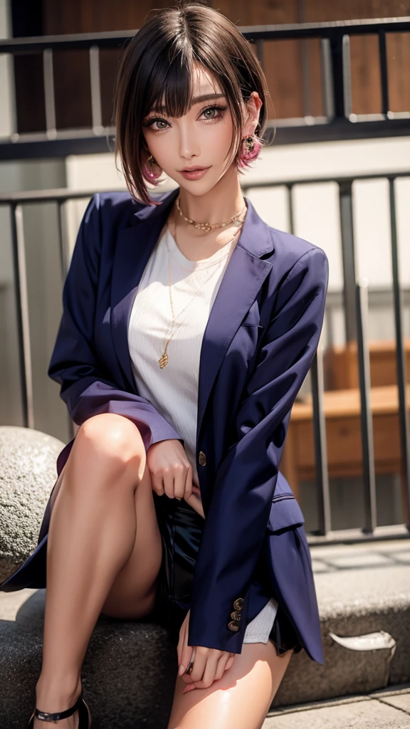 (Highest quality), Realistic, (live-action),(Short Hair,Sharp bangs)Showing off your crotch,Highest quality,Highest quality,8k images,Pink Hair,High heels,school uniform,(破れたschool uniform)Small face,((Big Breasts))Open legs and show panties,