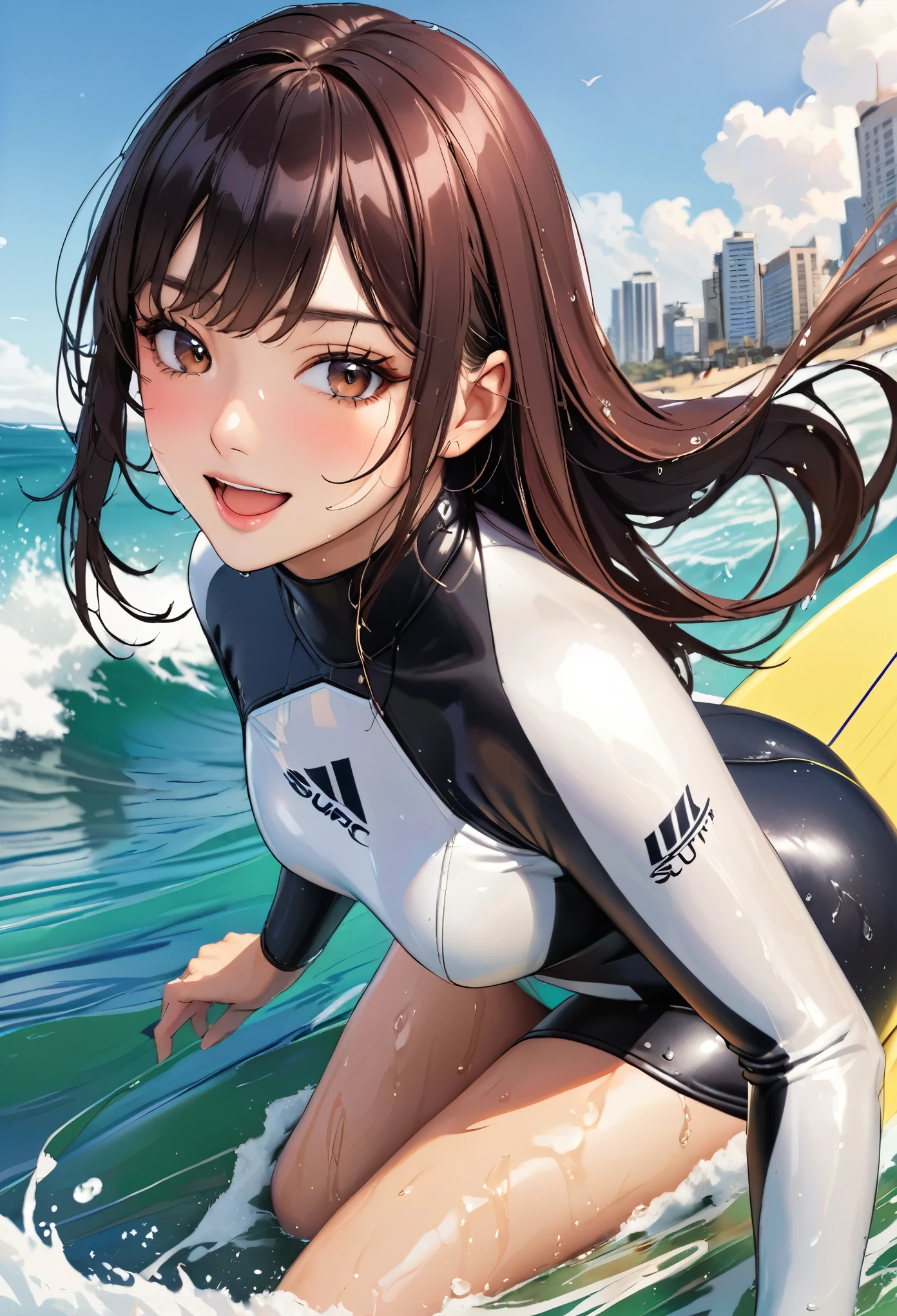 1 girl, (long hair, asymmetrical bangs, dark brown eyes), beautiful face details, beautiful eyes, long eyelashes, soft lips, smile, (Reflecting the buttocks:1.7), city, (wet suits:1.7), open mouth, (See-through), (surfing,
surf board:1.5), (black long hair:1.3), blush, surprised face, (turn around and look back:1.5), (wet with sweat:1.5)