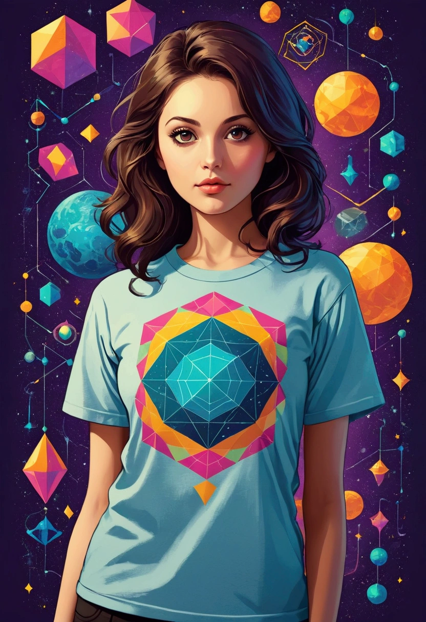 T-shirt with geometric patterns, science funter design, illustration style, best quality images